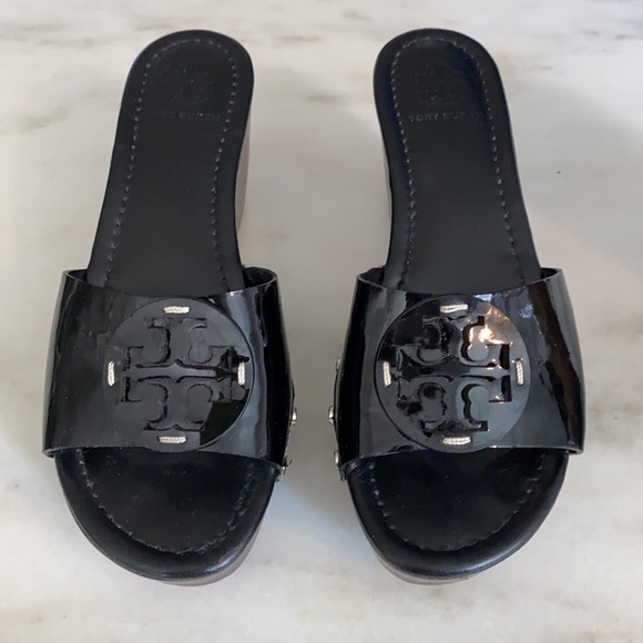 Tory Burch Black Parent Leather Patti wedges. 7.5 - Picture 2 of 10